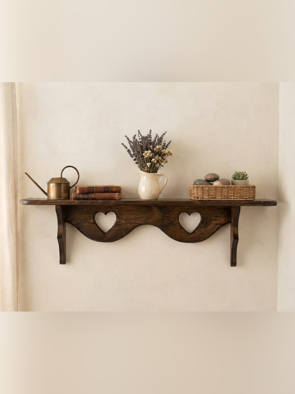 Beautiful Rustic Heart Wall Shelf/Trinket Shelf in Dark Wood - 36”